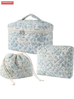 Quilted Cotton Drawstring Makeup Bag Set with Floral Print, 3-Piece, Travel